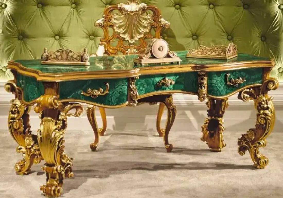 Greenish Marble Hand Crafted Teak Office Desk