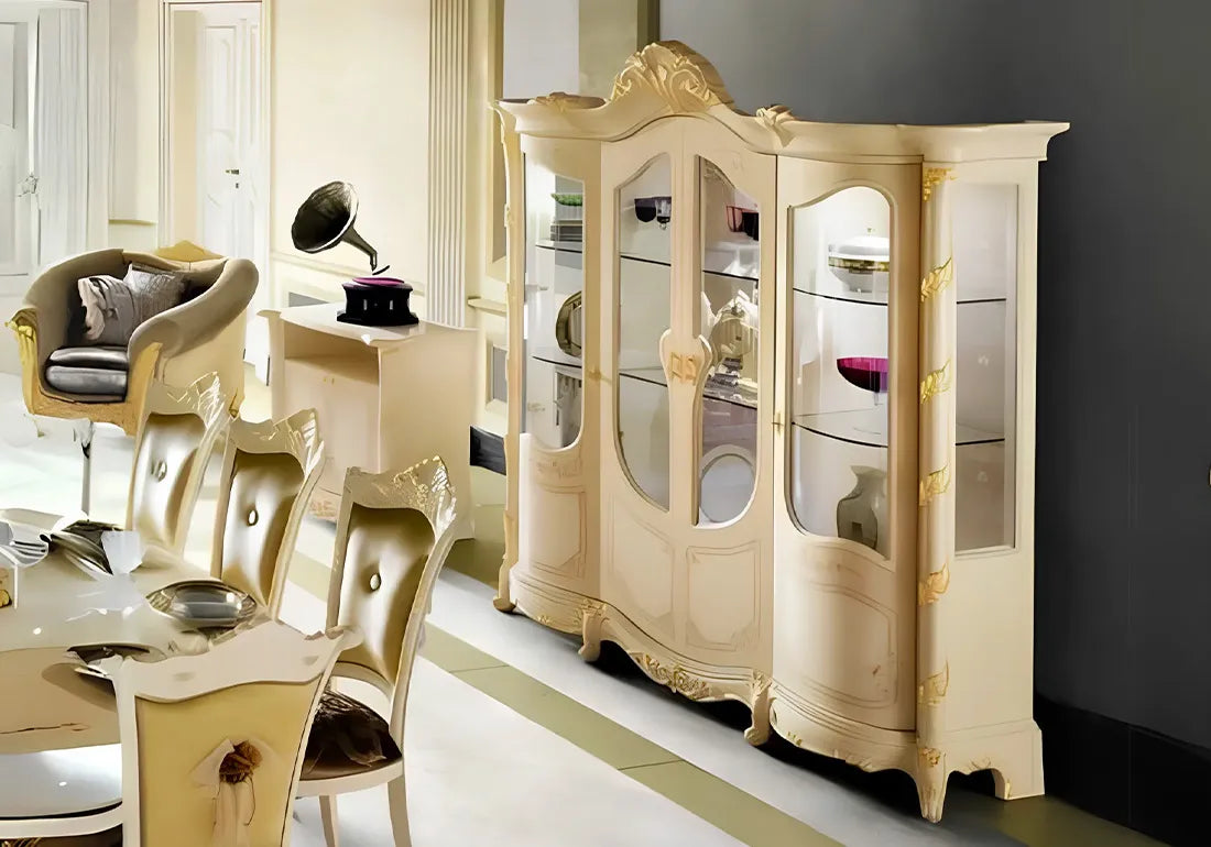 Luxury Italian Design Solid Teak Wood Carving Vitrine