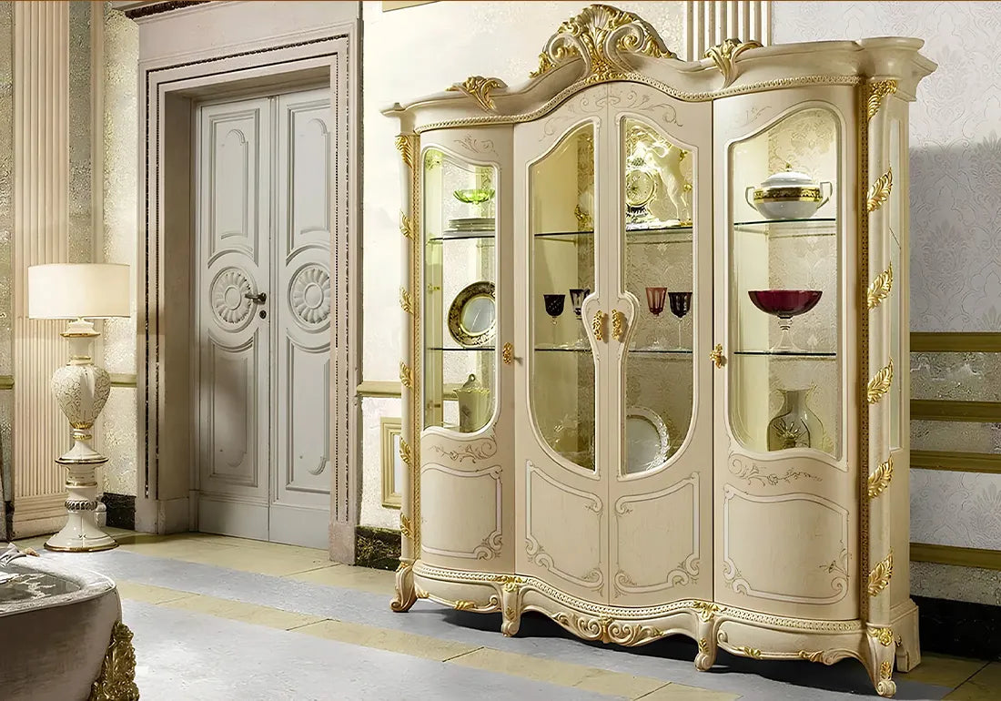 Luxury Italian Design Solid Teak Wood Carving Vitrine