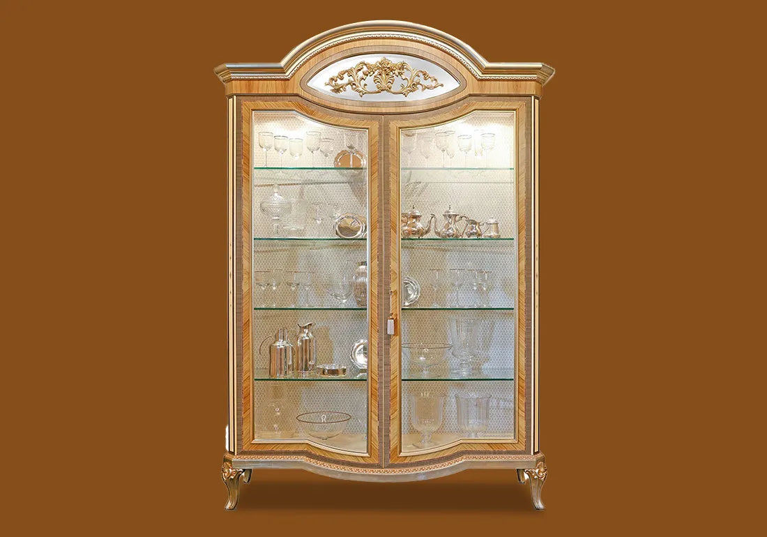 Royal Classic Italian Style Solid Teak Wood Carving Vitrine