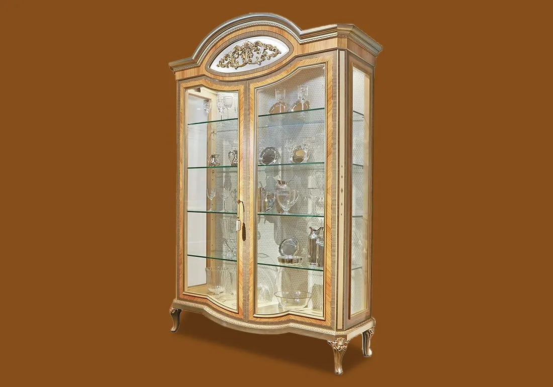 Royal Classic Italian Style Solid Teak Wood Carving Vitrine