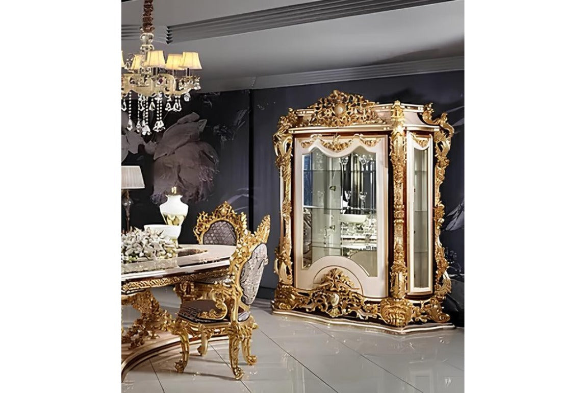 Luxury European Style Solid Teak Wood Hand Carving Vitrine