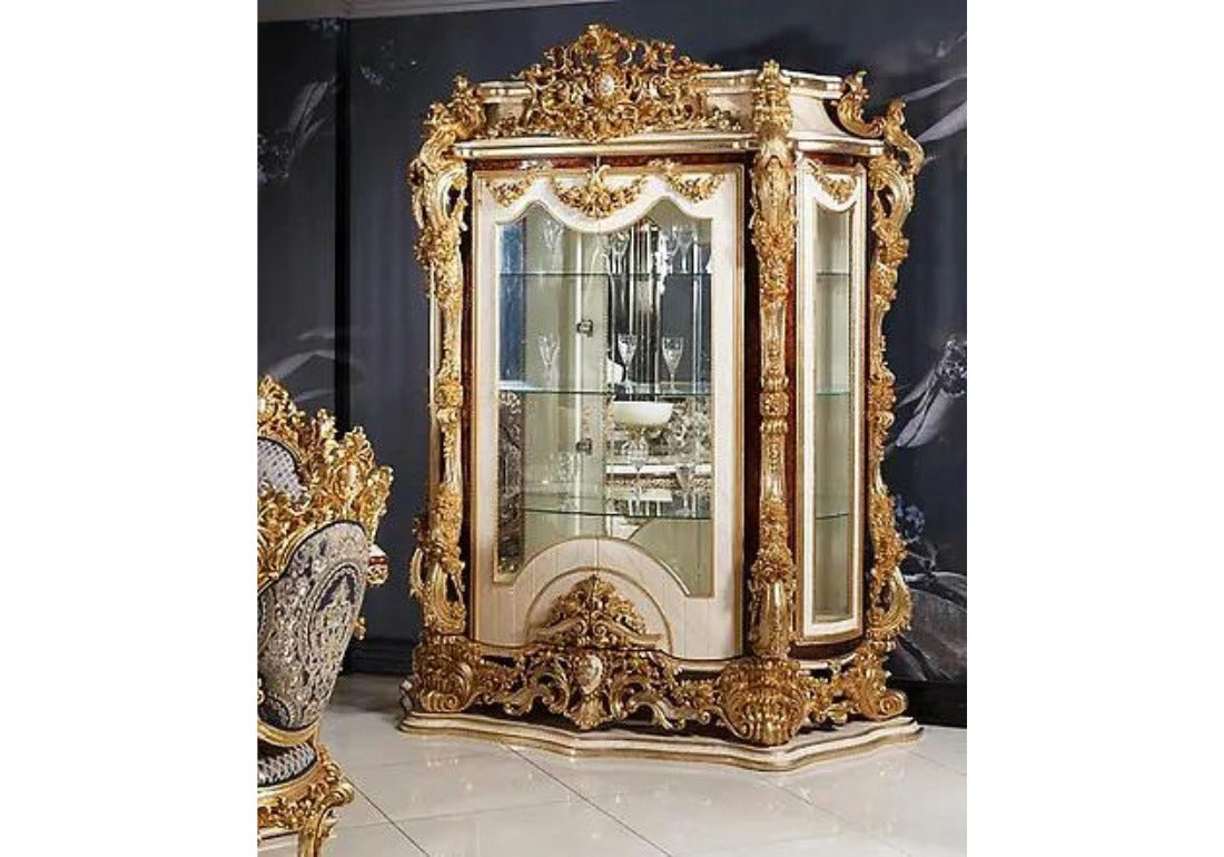 Luxury European Style Solid Teak Wood Hand Carving Vitrine