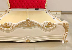 Teak Wood Bed in Off-White with Golden Accents