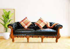 Elegant Handcrafted Wooden Frame Black Leather 3 Seater Sofa