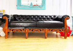 Elegant Handcrafted Wooden Frame Black Leather 3 Seater Sofa