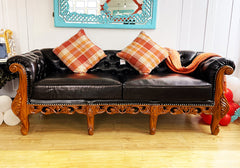 Elegant Handcrafted Wooden Frame Black Leather 3 Seater Sofa