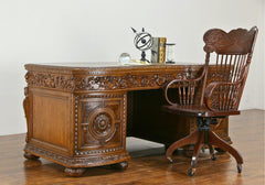 Opulent Hand Carved Teak Wooden Office Desk