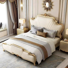 A handcrafted royal bed set with side table