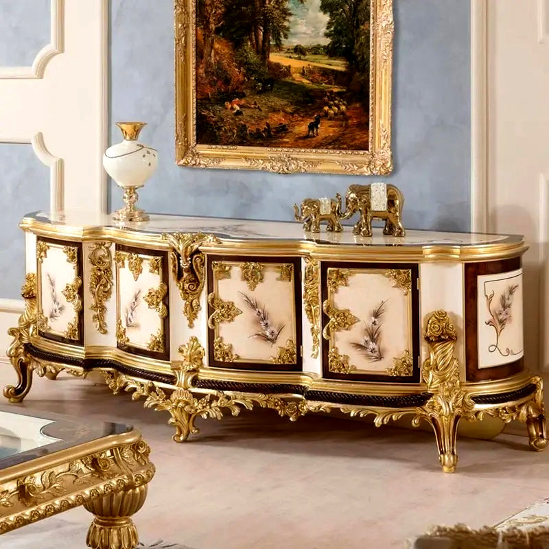 Classic European Style Hand Carving Teak Wood TV Cabinet