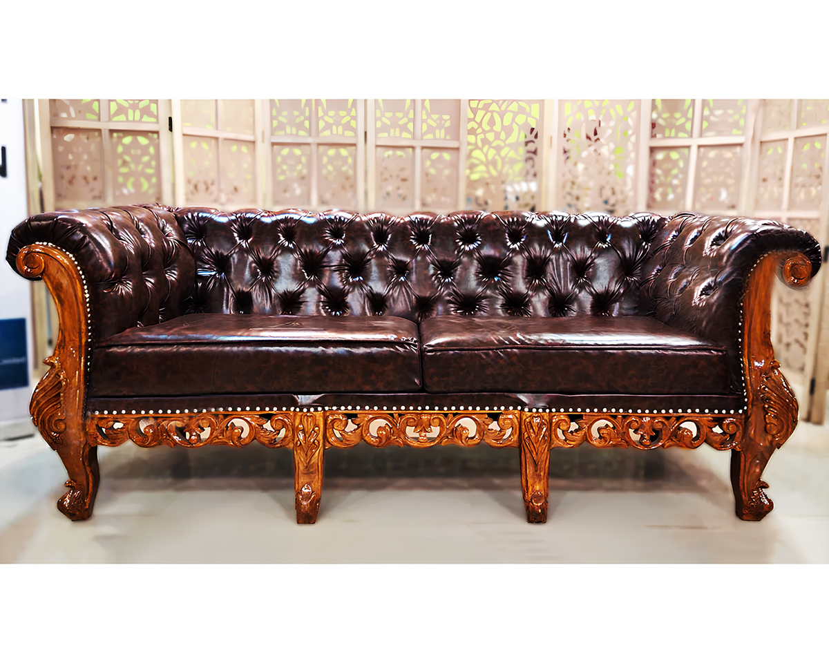 3 Seater Hand Carved Leather Sofa Set
