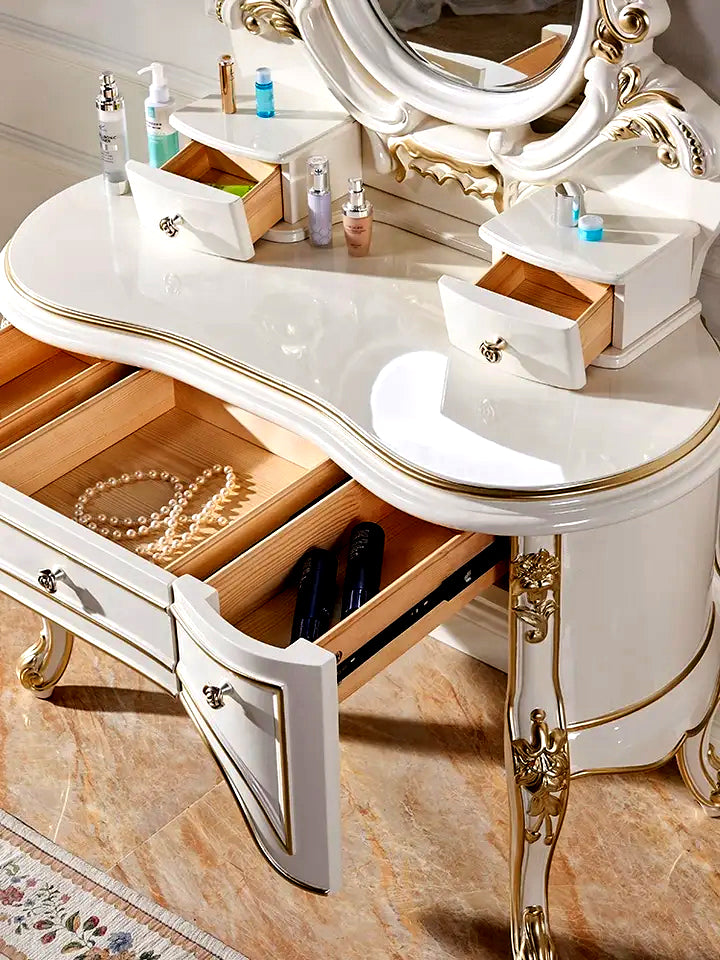 modern high gloss white dressing table Modern High-Gloss Dressing Table, Lockers with 6 Large Drawers and Anti-Tipping Design, for Bedroom, White