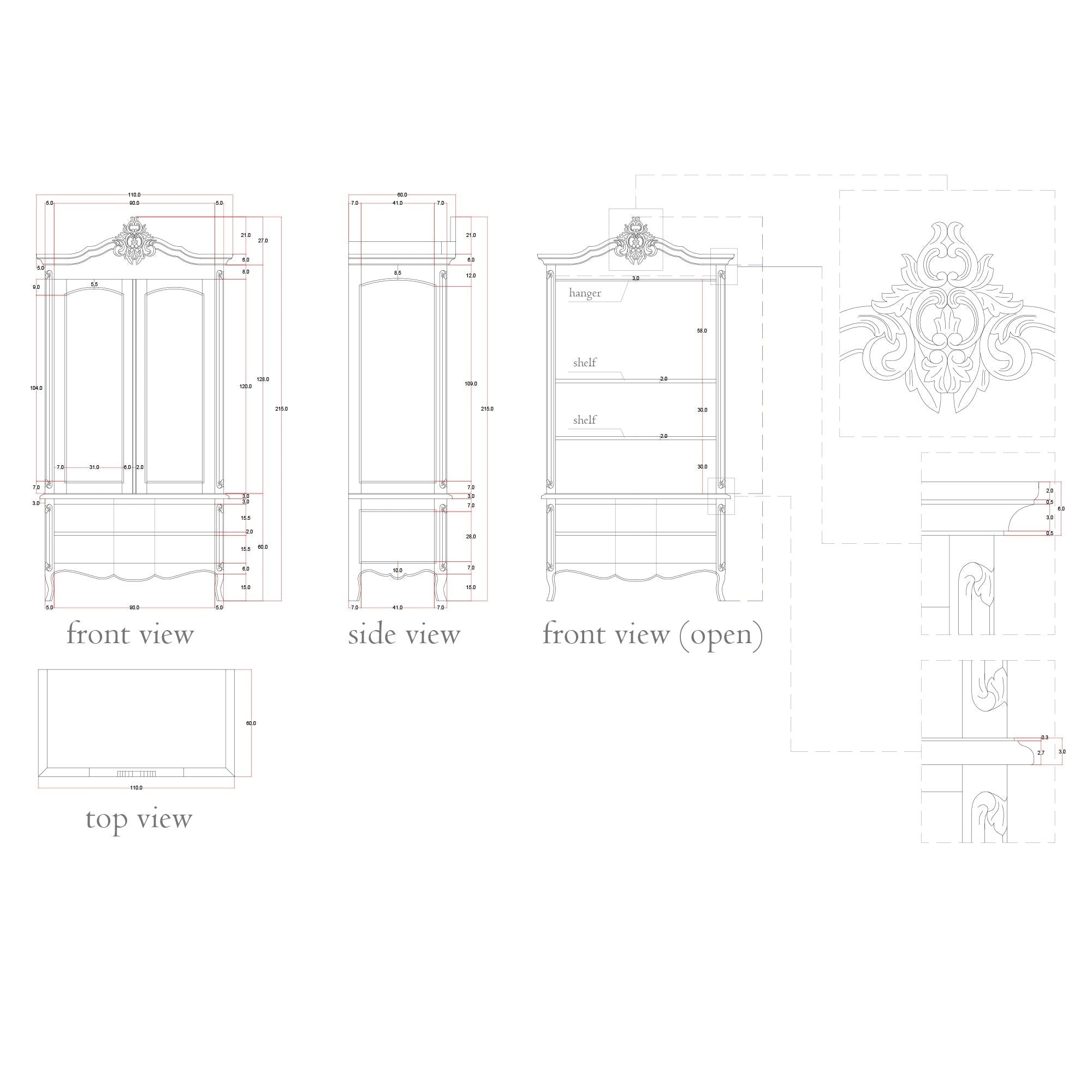 Classic French Style Hand Carving Teak Wood Wardrobe