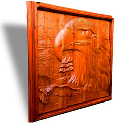 Majestic Hand Carved Teakwood American Bald Eagle Bird Sculpture Wall Art